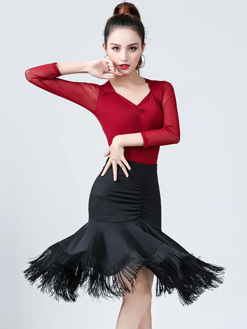 

Latin Dance Skirt Adult Women Tassel Spliced Fishbone Skirts Female Irregular Ruffle Dancewear Ballroom Competition Dresses