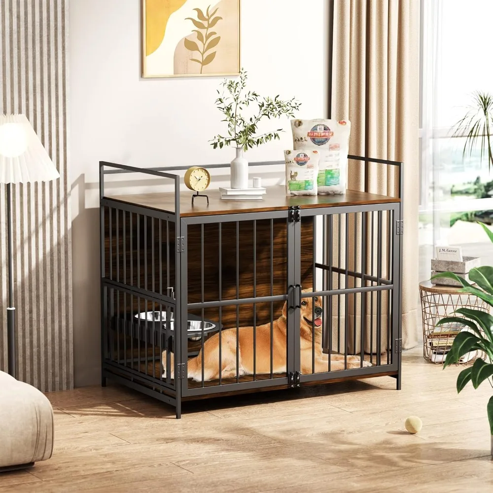 

Dog Crate Furniture Style Large Kennel Indoor Heavy Duty Super Rugged Kennel with 2 Stainless Steel Bowls, 48"L x 30.3"W x 43"H