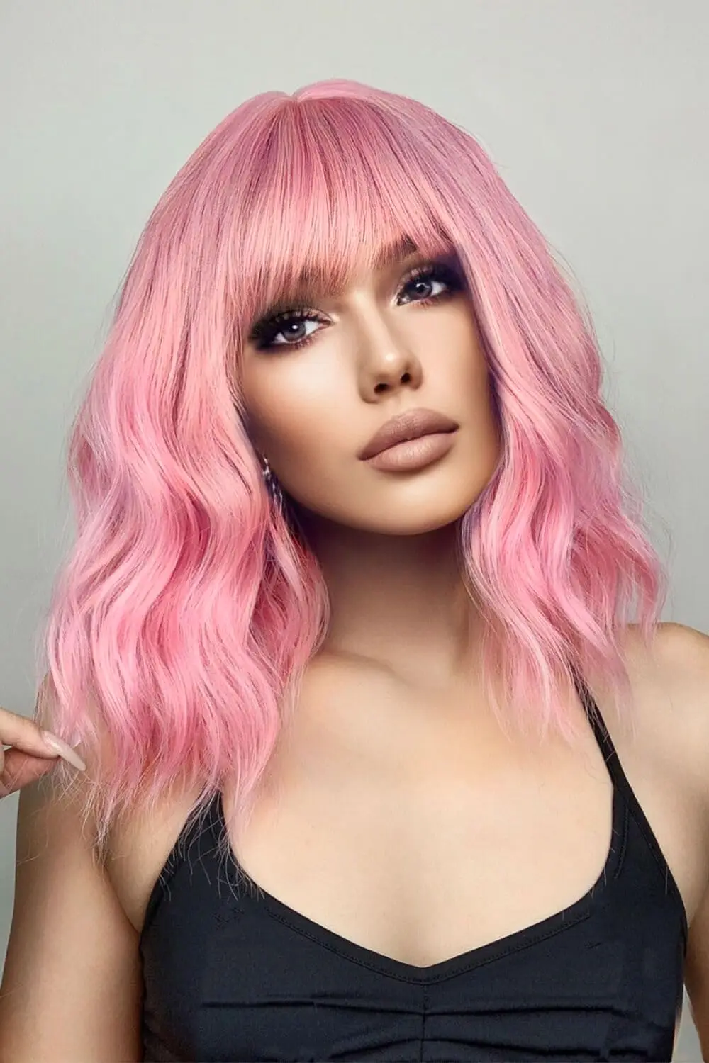 Pastel Wavy Wig With Air Bangs Women's Short Bob Purple Pink Wigs Curly Wavy Shoulder Length Pastel Bob Wigs Synthetic Wig for W