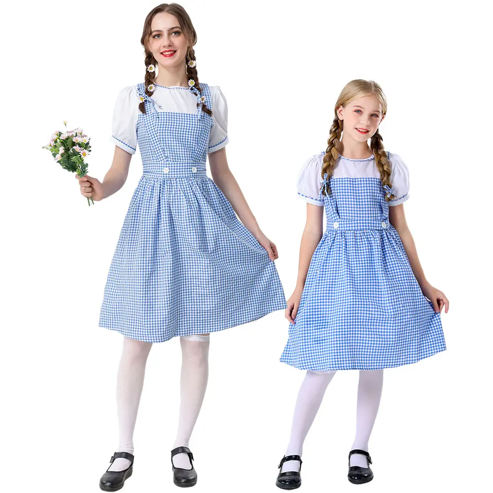 Halloween Adult Maid Blue Plaid Dress Children's Costume Medieval Maid Children's Day Pastoral Parent-child Costume