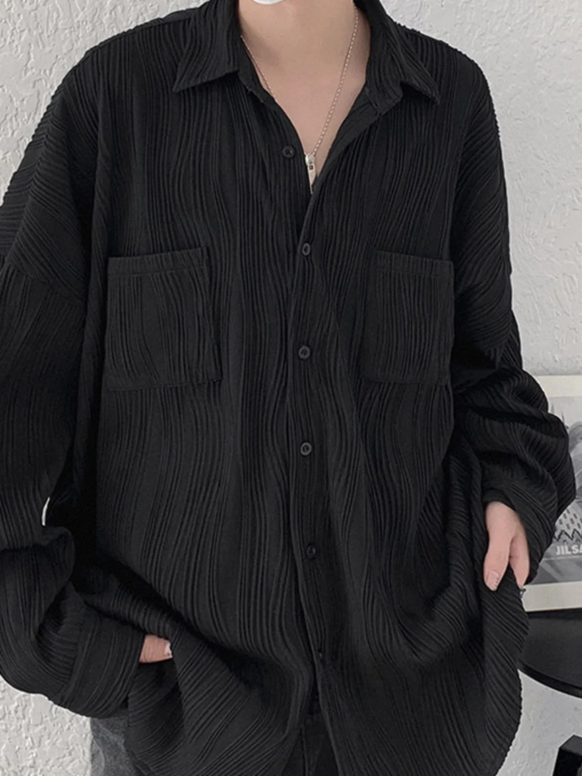 

Extra Large 300 Pounds Texture Pleated Thin Men's Long Sleeve Shirt Spring Autumn Drapey Shirt Coat Youth Trend Button down