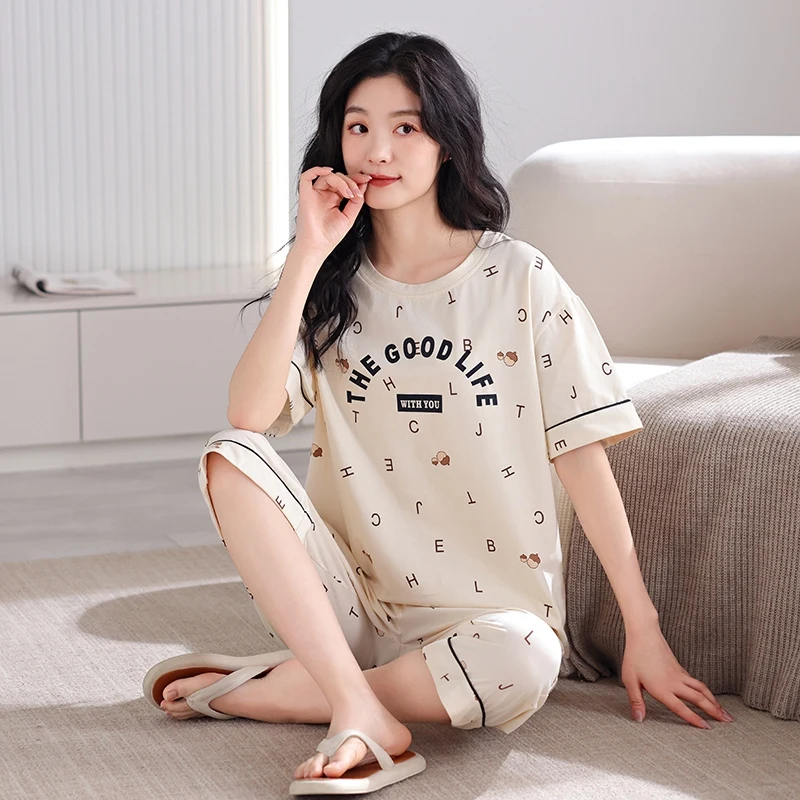 2024 Summer 100% Cotton Print Short Sleeve Knee Length Pajama Sets for Women Korean Loose Sleepwear Pyjama Homewear Home Clothes