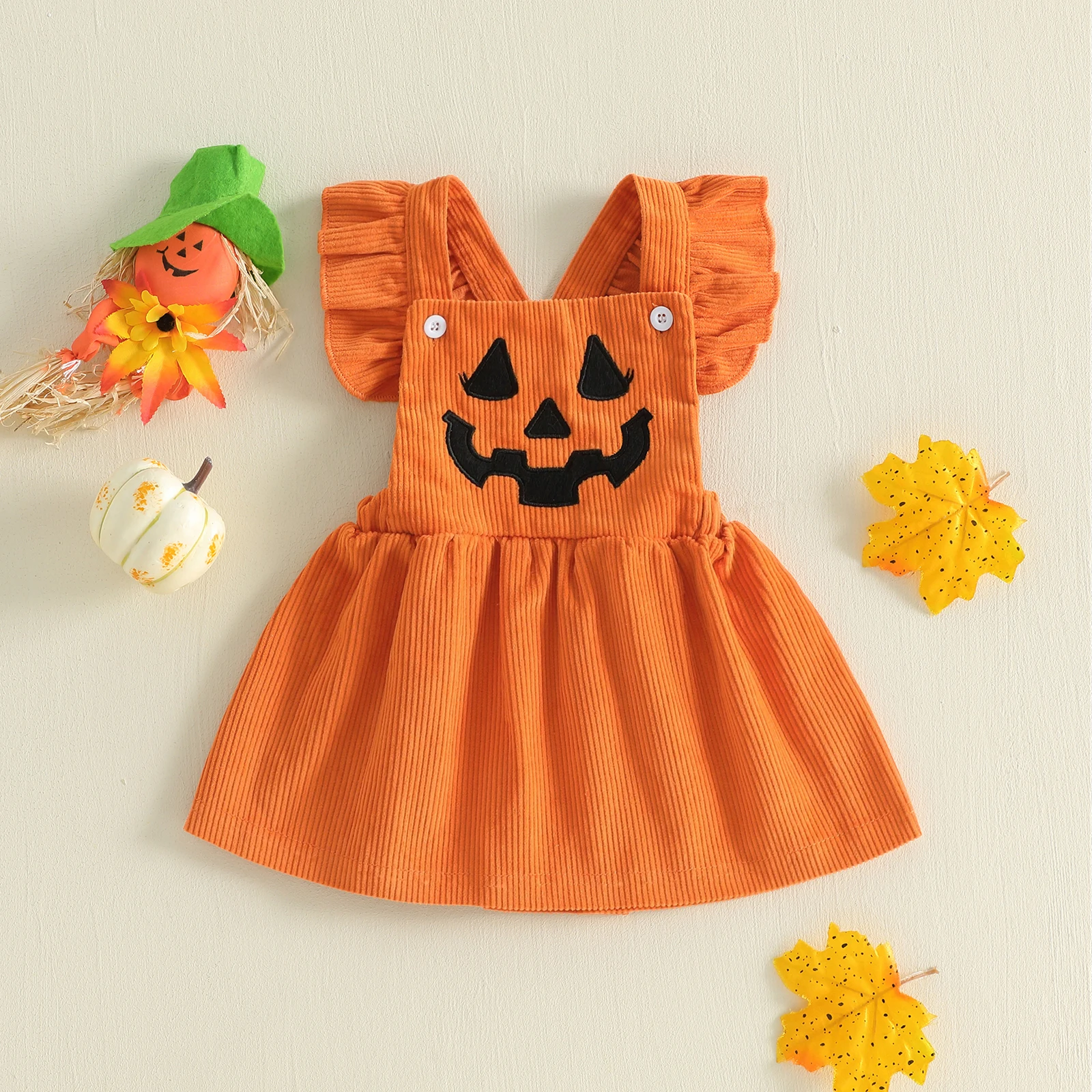 1-4Y Toddler Girls Halloween Pumpkin Dress Casual Orange Buttoned Shoulders Fly Sleeves Corduroy Dress for Cute Clothes