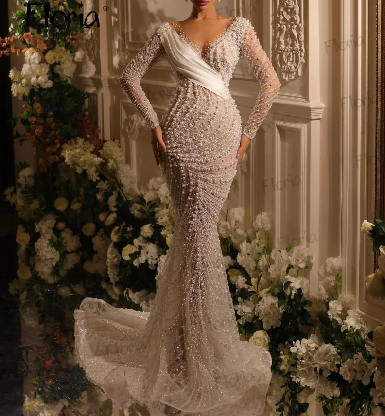 Luxury Long Mermaid V Neck White Evening Dress With Handmade Full Pearls Women Wedding Party Gowns Plus Size Celebrity Dresses