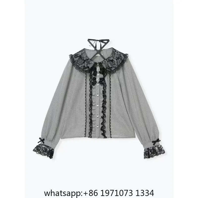 Japan Original Mine Lace Sweet Neck Lace-up Shirt Women's Blouse Sweet Bow Long-sleeved Shirts 2025 Spring New Camisas Top Lady