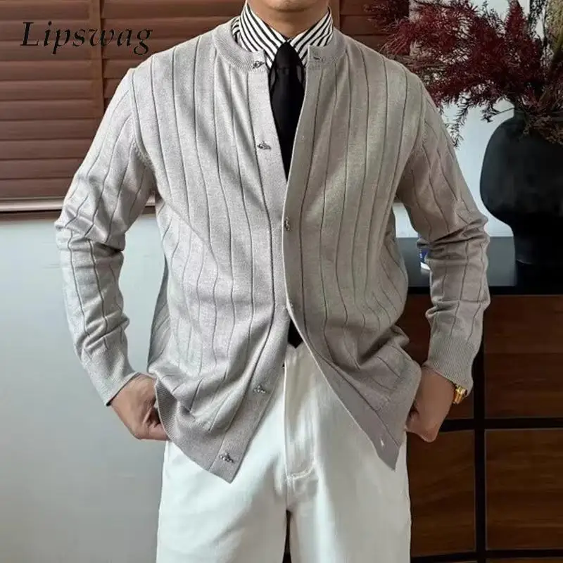 

Деловые повседневные мужские вязаные куртки, осень-зима, стильные вязаные кардиганы с круглым вырезом на пуговицах, мужские винтажные однотонные тонкие свитера