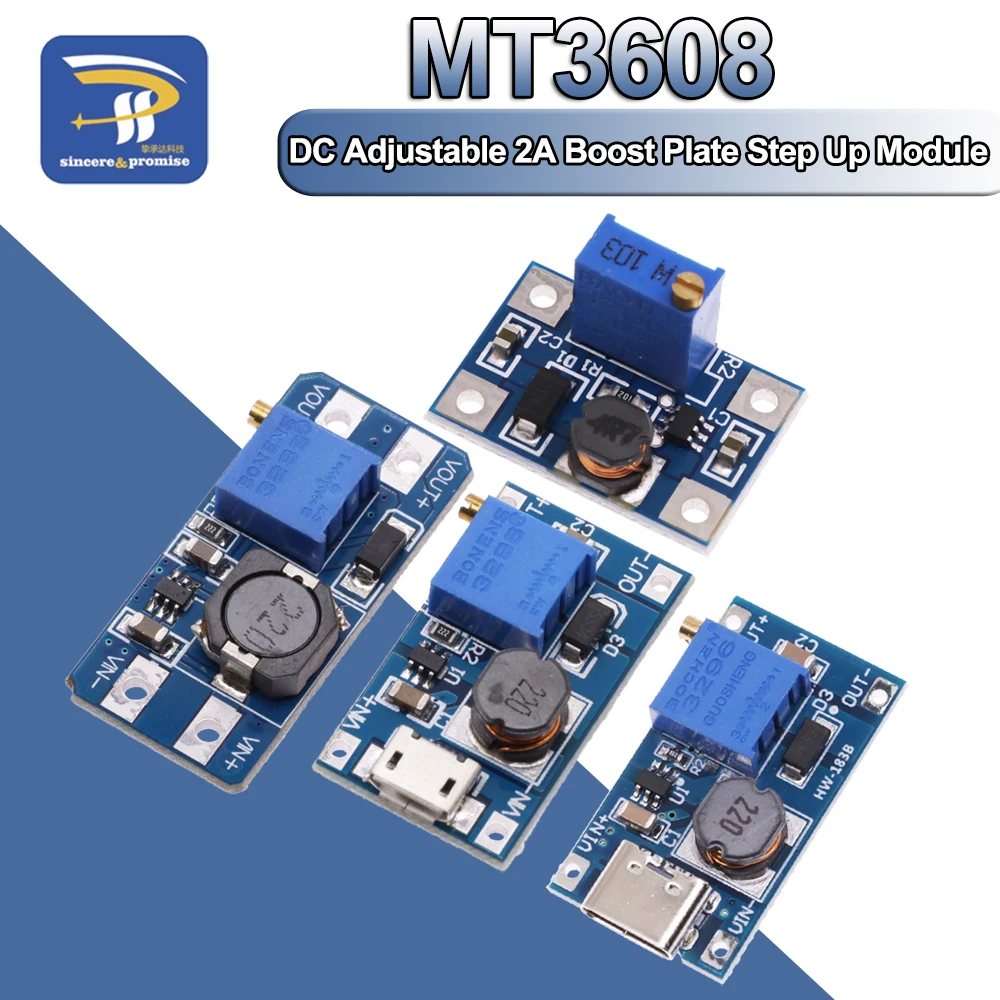 MT3608 DC-DC Adjustable Boost Module 2A Boost Plate Step Up Module With MICRO TYPE-C USB 2V-24V to 5V 9V 12V 28V For Arduino