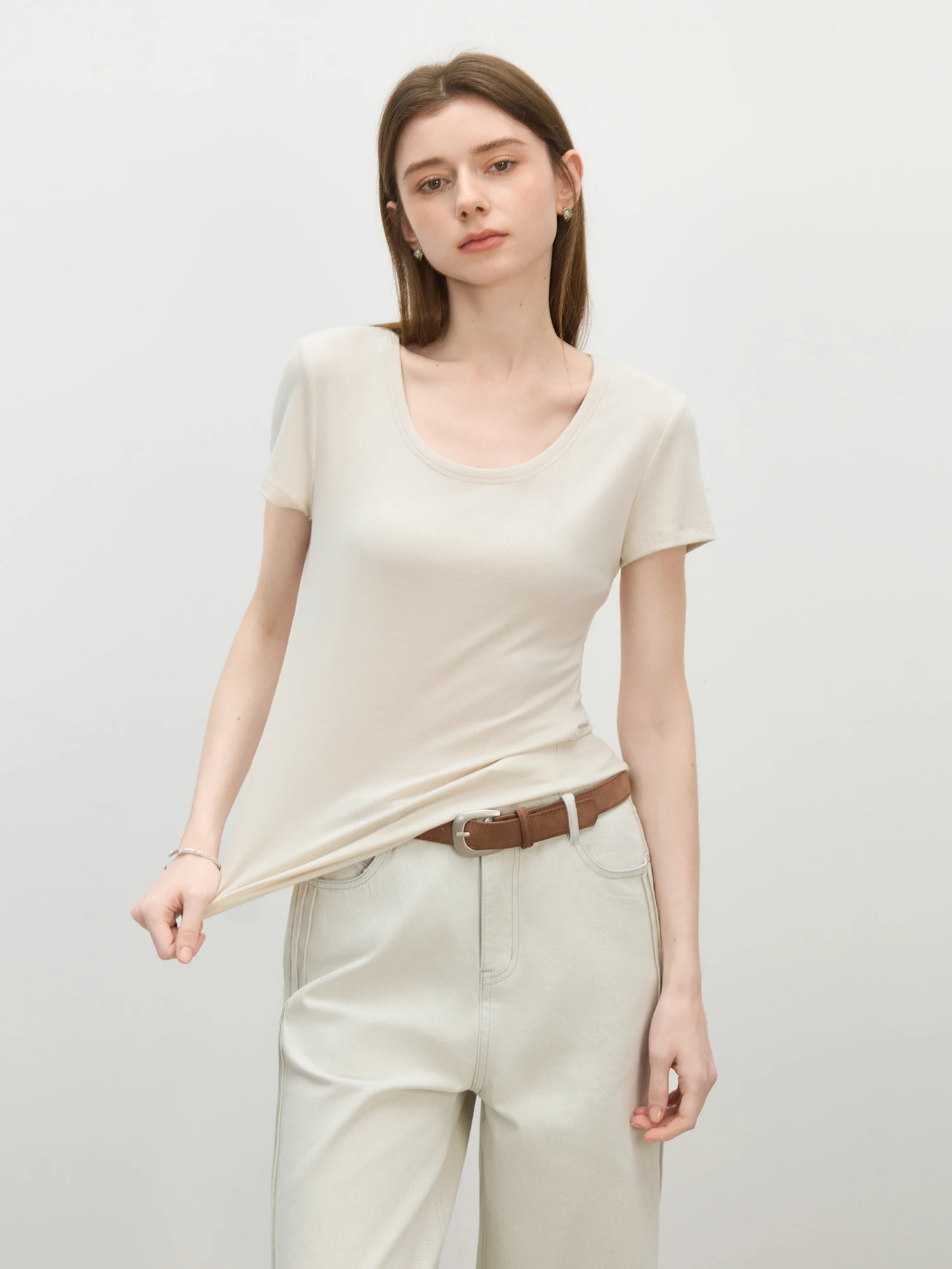 FSLE U-Neck Stretch Short Sleeve T-Shirt for Women - Summer 2025 New Arrival Soft & Relaxed Fit Versatile Top T-Shirt 25FS12552