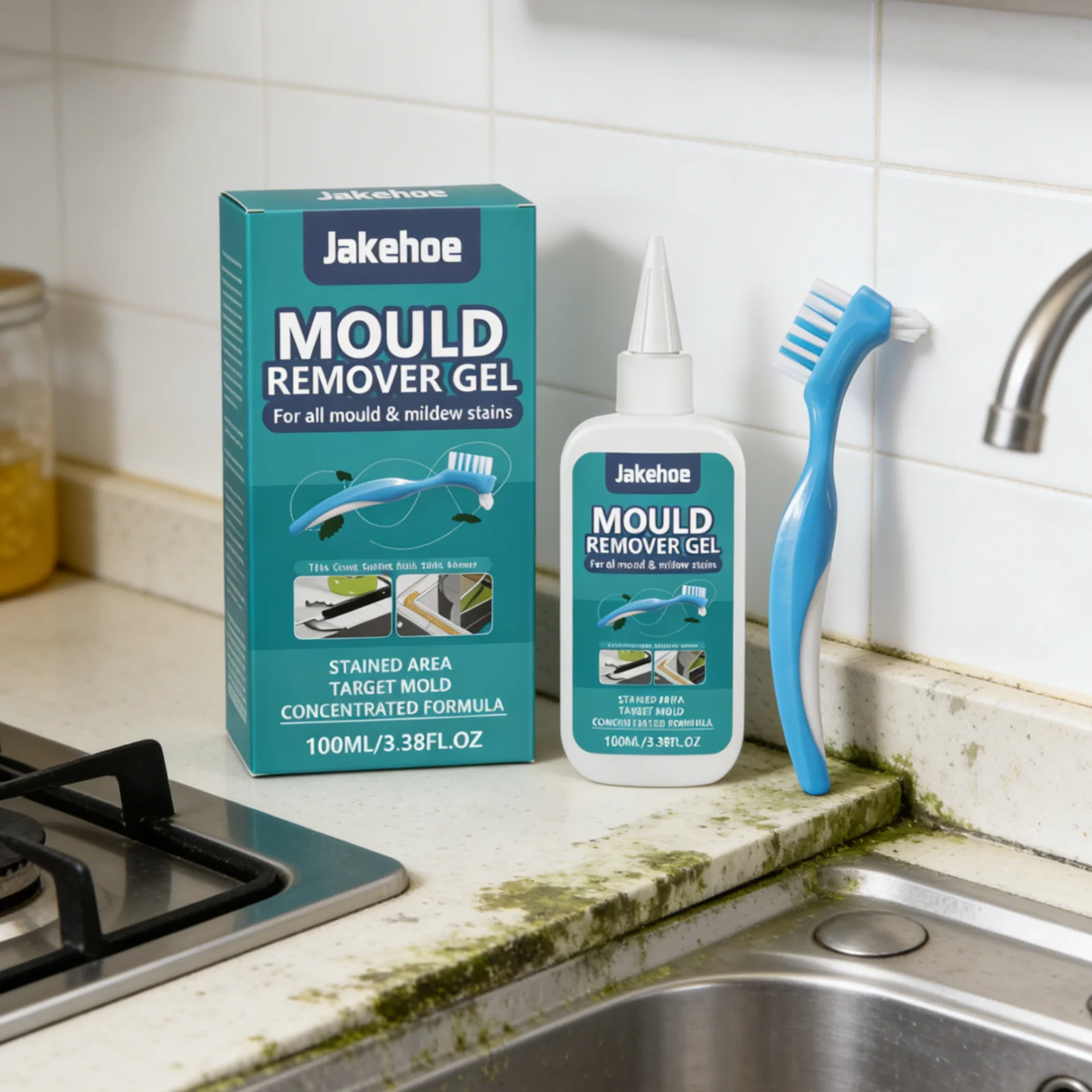 Jakehoe Mould Remover Gel for Gap Washing Machine Refrigerator Kitchen Deep Cleaning Household Mold Cleaner Gel with Brush 100ml