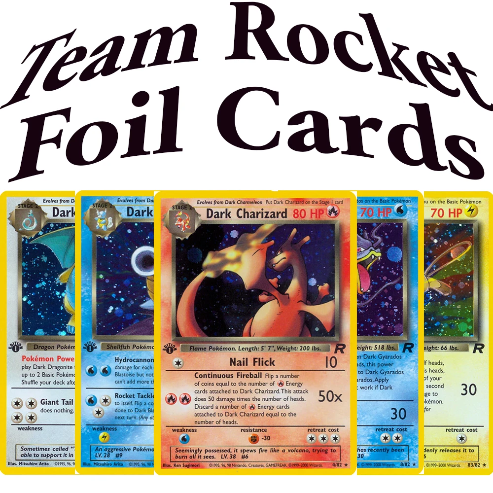 PKM Team Rocket (TR) Proxy Foil Game Cards Dark Charizard Dark Dragonit Dark Blastoise Dark Raichu Dark Gyarados Dark Alakazam