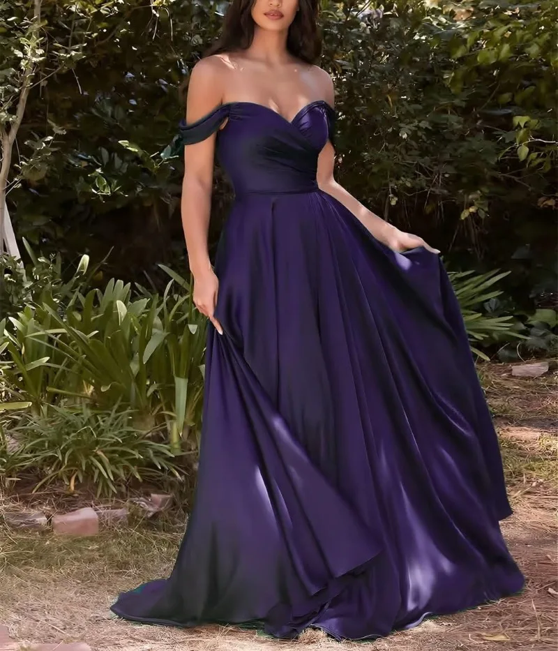 Off Shoulder Satin Bridesmaid Customized Wedding Long Ruched A Line Corset Mal Prom Gown With Slit 2024 Evening Dress Vestido