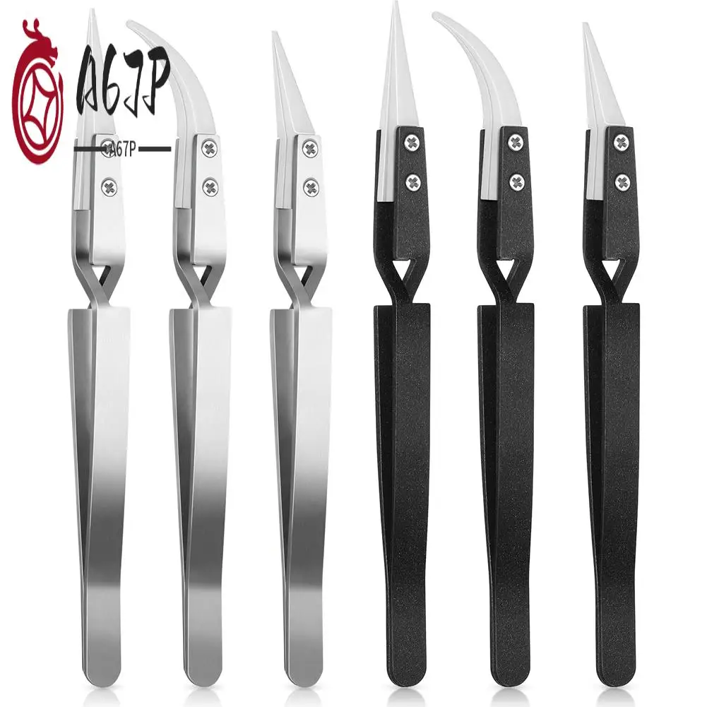 

A67P-6 шт. прецизионные обратные пинцеты с заостренными изогнутыми кончиками, набор пинцетов, непроводящие, антимагнитные пинцеты для пайки