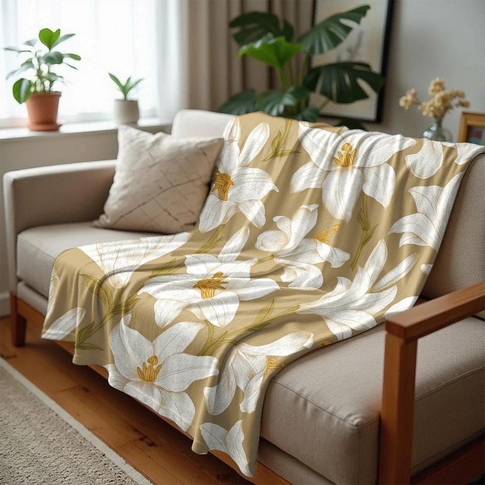 Golden White Lilies Cartoon Anime Print Flannel Blanket Soft Warm Throw for Kids Bedroom Sofa Bed Christmas Office Car