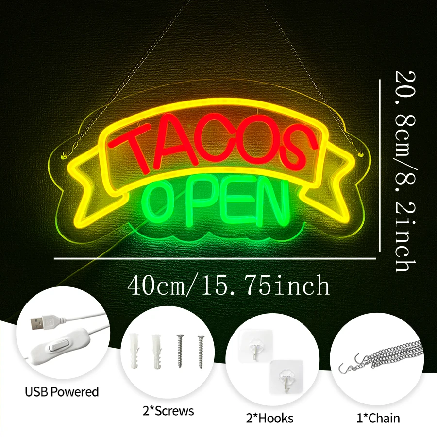 Tacos Open Led Neon Signs, Mexican Restaurant Business Signs, Usb Powered, Used For Fast Food Restaurants, Kitchens, Shops Decor