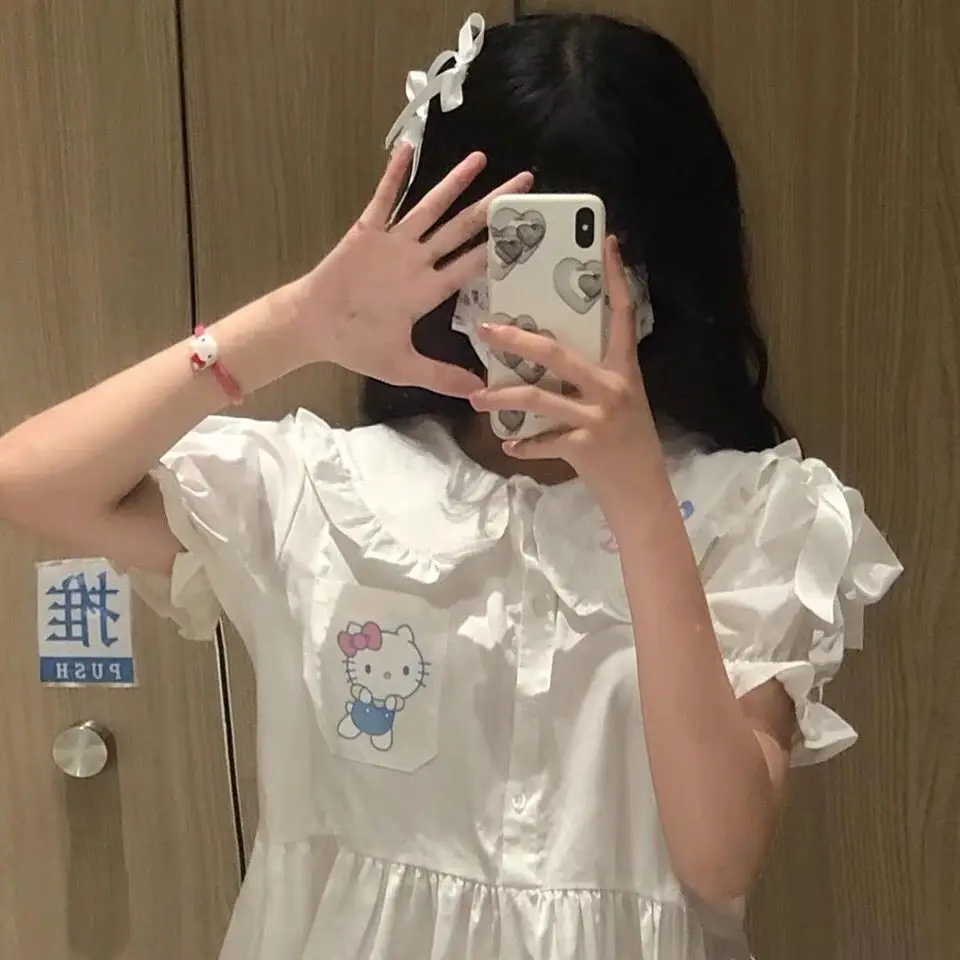 TAKARA TOMY2022 Spring/Summer Student Loose Polyester White Hello Kitty Doll Collar Dress Girly Puff Sleeve Collar Shirt Skirt