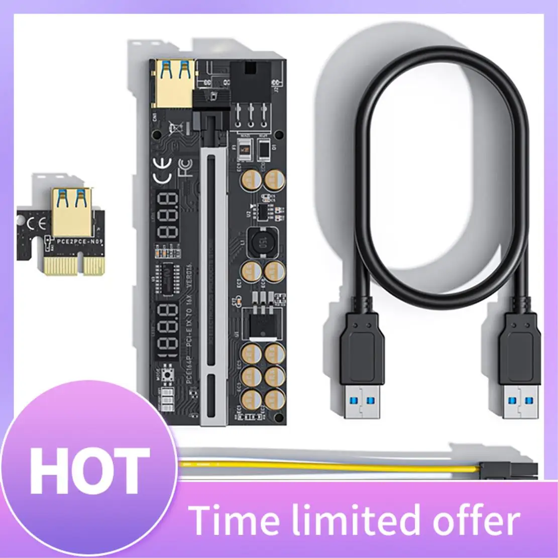 

B68A для BTC Miner VER016 PCI-E 1X до 16X USB3.0 Riser Card с 10 конденсаторами Дисплей температуры/напряжения + щиток