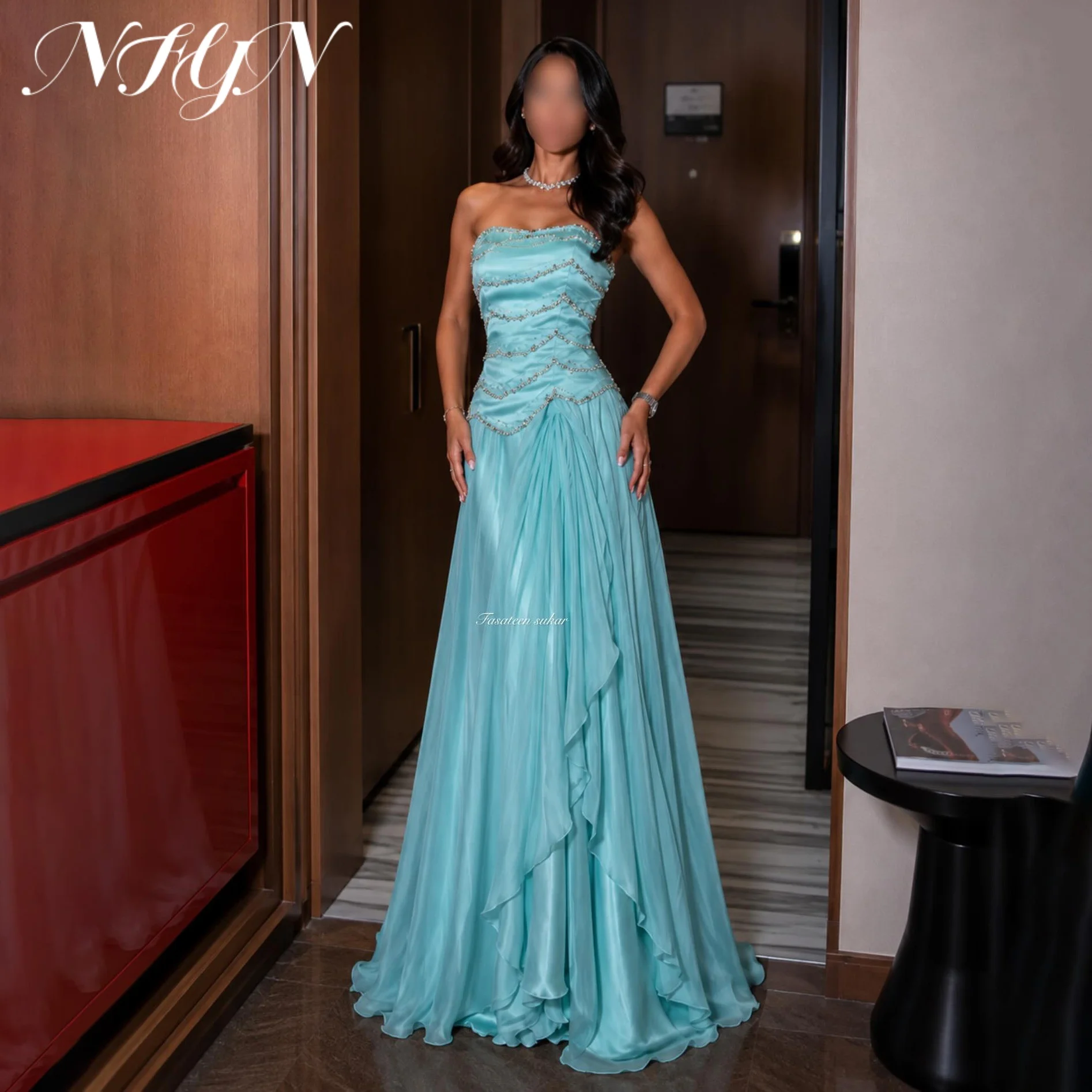 NFYN Blue Strapless Prom Dress Multi-Layer Bead Evening Dress Draped Chiffon Long Party Gown robe de soirée For Women Customized