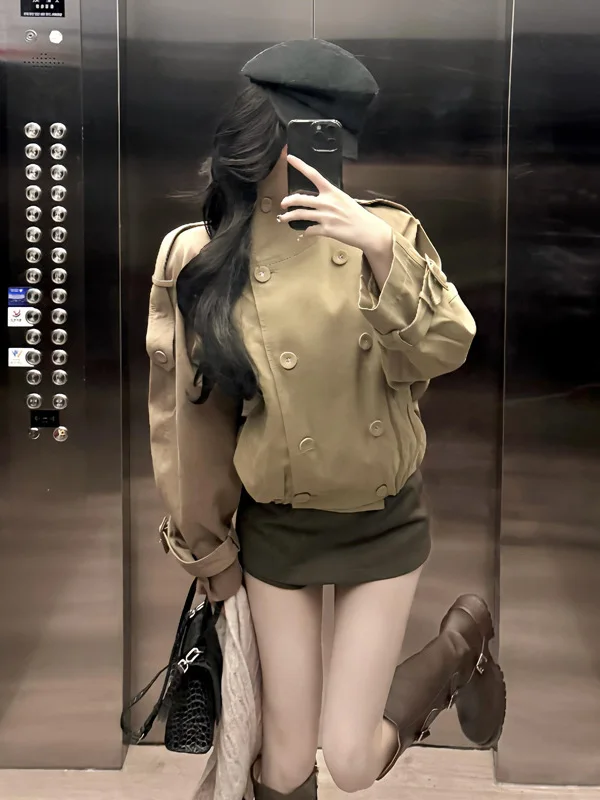 

Fashionable New Arrival Women's Loose Kaki Color Stand Collar Windbreaker Autumn Season British Style Long Sleeve Top Coat