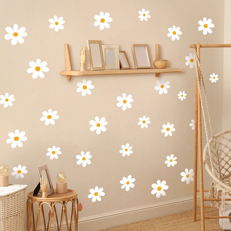 White daisy floral PVC wall decals for childrens rooms living spaces nurseries and DIY interior decor applications suitable for