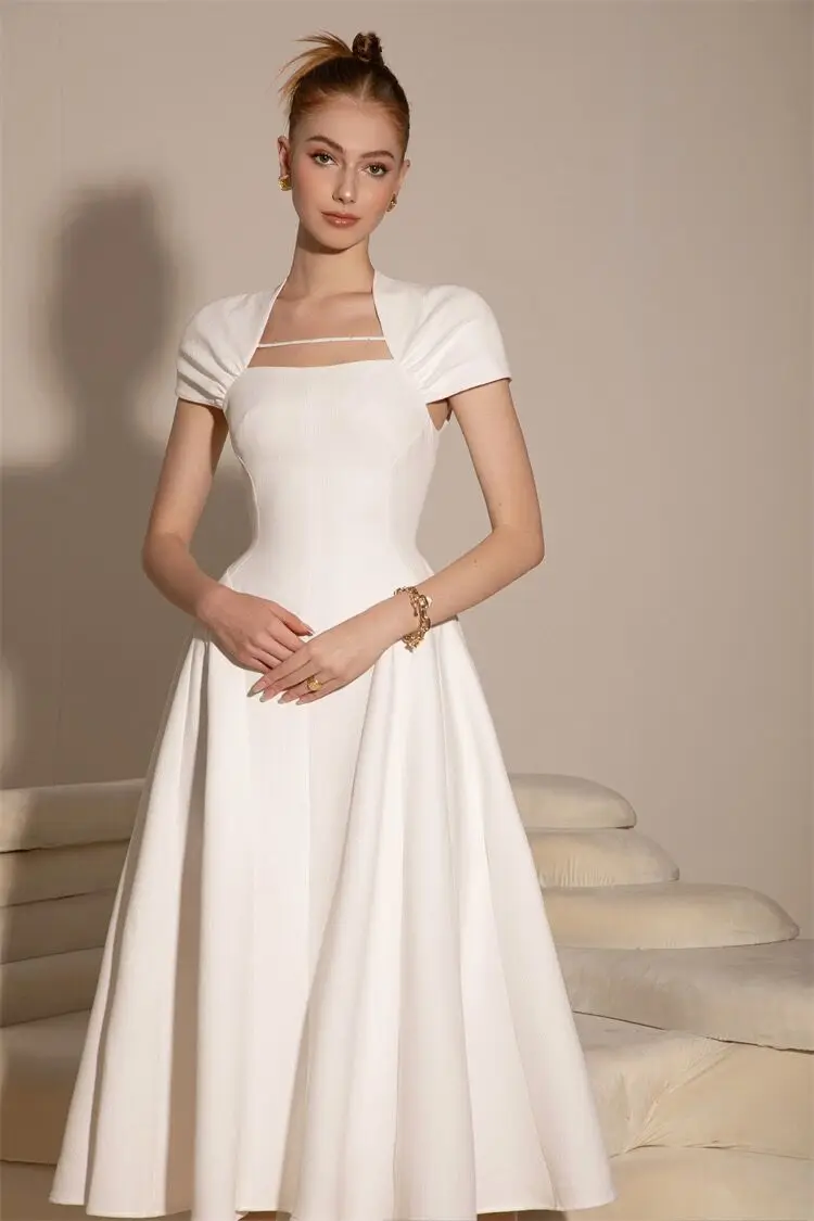 

Luxury and Elegant Slim Fit Waist Closing A-line Long Solid Color Dress Women’s Summer New Designer Temperament Dresses