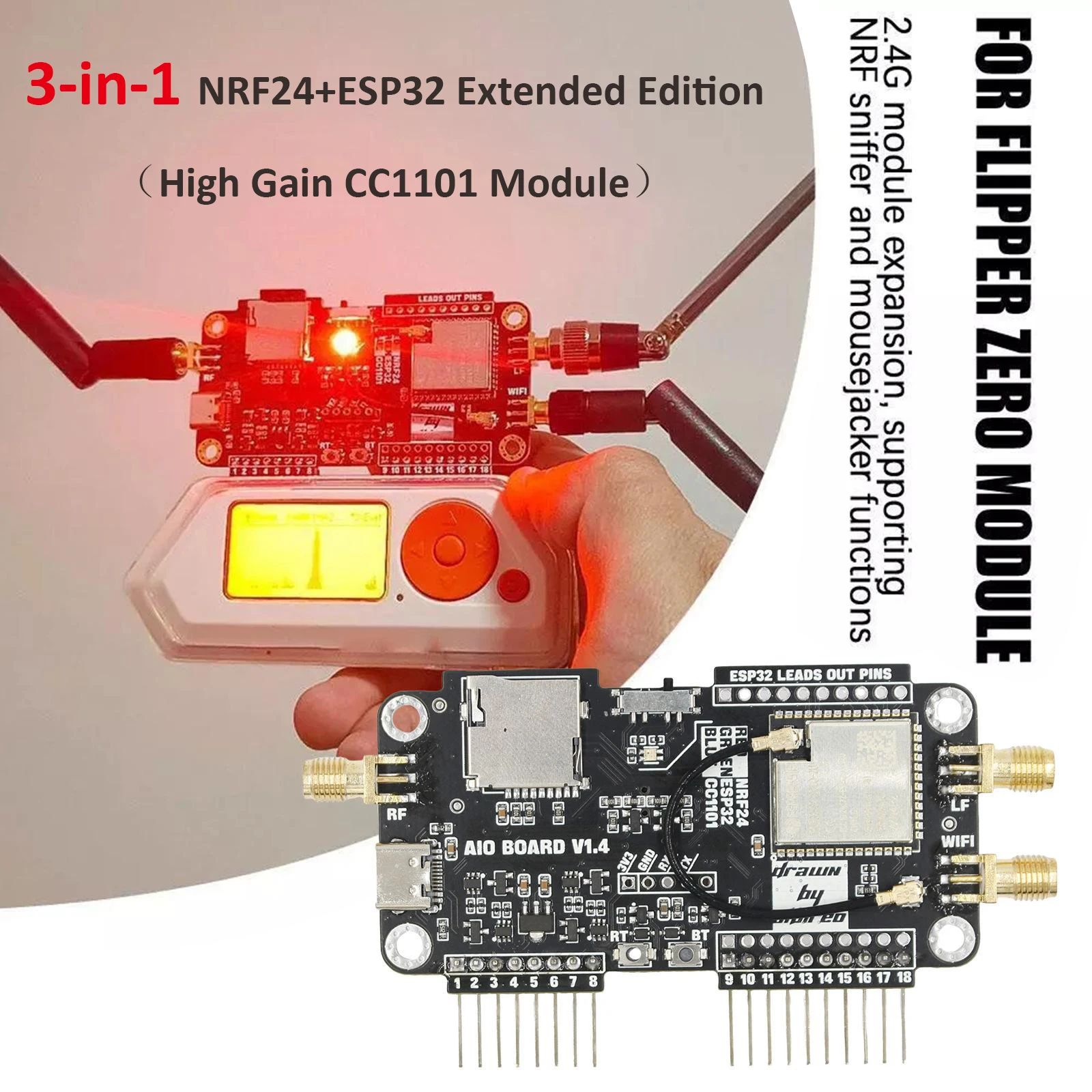 Improved Flipper Zero WiFi Multiboard NRF24+ESP32 Development Board/CC1101 SubGhz Module/GPIO Module/Air Mouse Module
