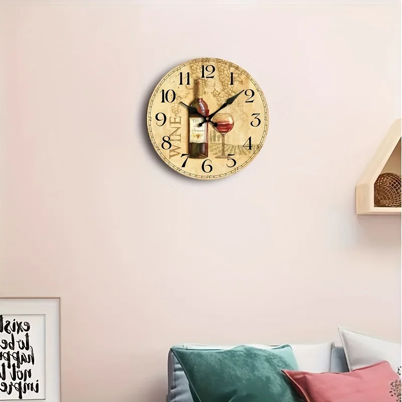 Elegant Vintage Wine-Themed Silent Wall Clock - Rustic Decorative Timepiece with Wooden Frame, Non-Ticking for Home, Living Room, Bedroom, Office - AA Battery Operated (Battery Not Included), Clock for Living Room