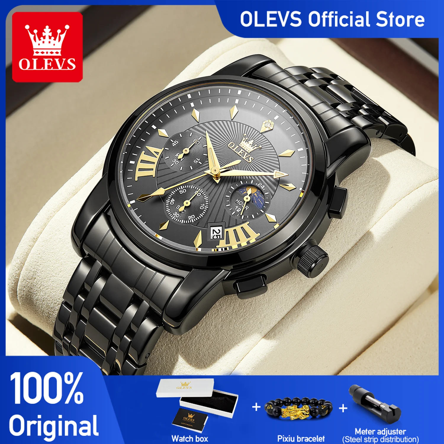 OLEVS 2892 Men's Watch Original Quartz Watch Stainless Steel Men's Moon Phase Watch With Box Waterproof Timing Men's Watch