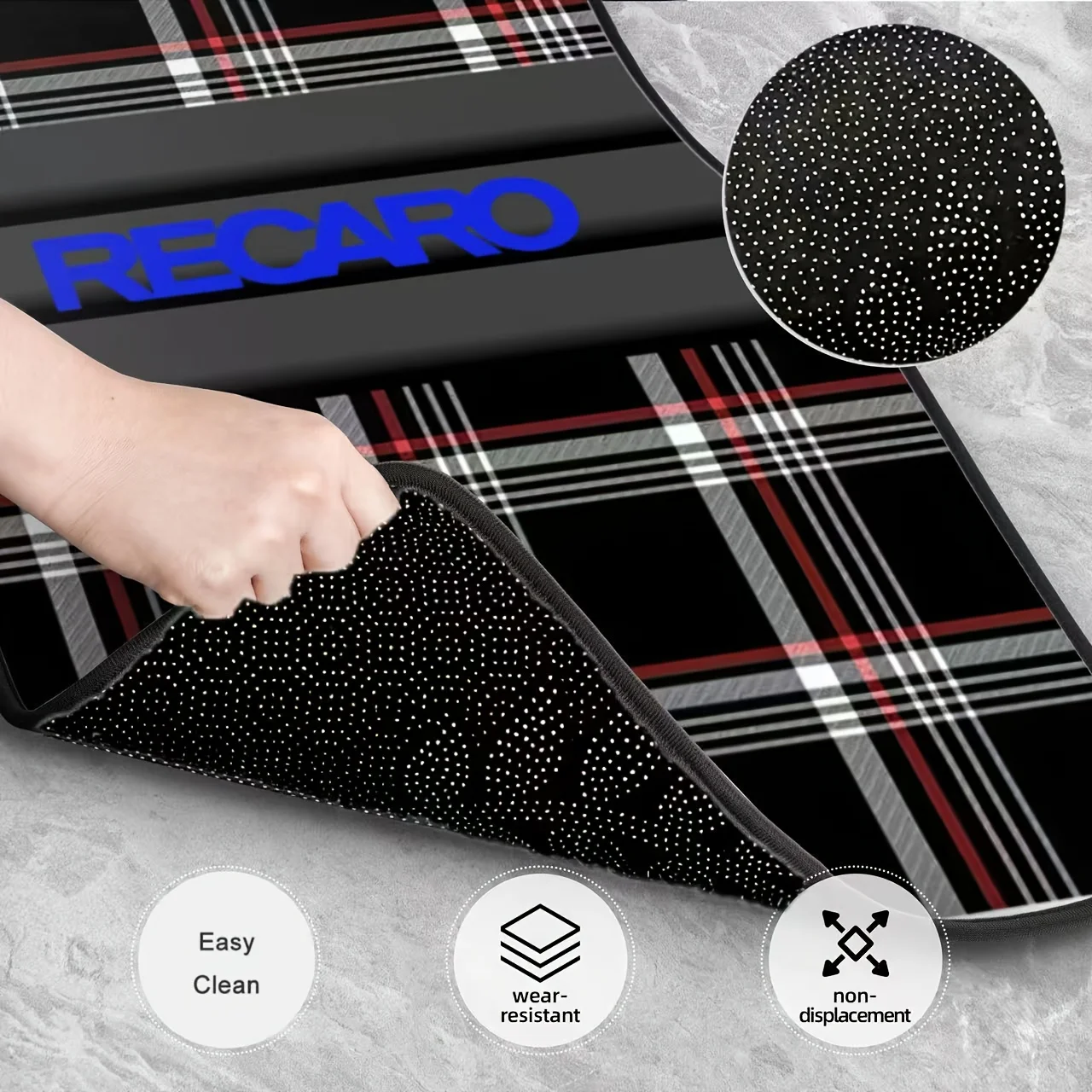 4 Blue RECARO Letter Checkered Print Car Mats - Made Of Durable Polyester Material, Easy To Clean, All-Weather Universal Fit, Su