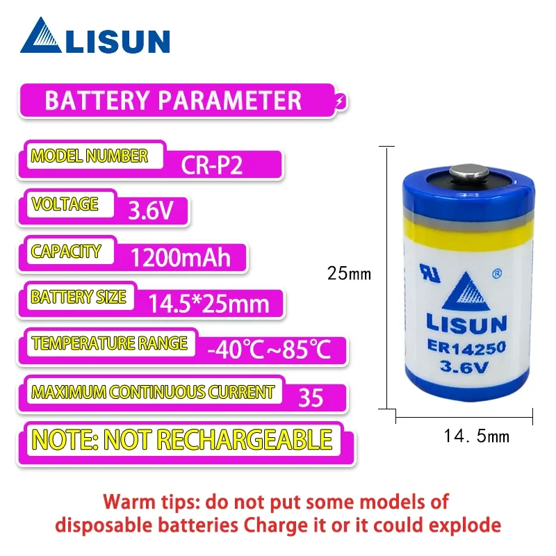 LISUN ER14250 LS14250 3.6V 1/2AA primary lithium battery for PLC industrial control programmer probe positioning device