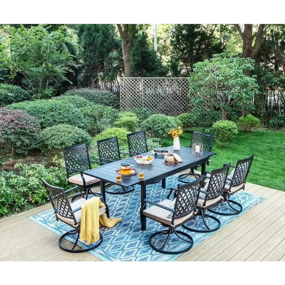 

Patio Dining Set 9 Pieces Outdoor Metal Furniture Set, 8 x Swivel Patio Dining Chairs with 1 Expandable 6-8 Person Table