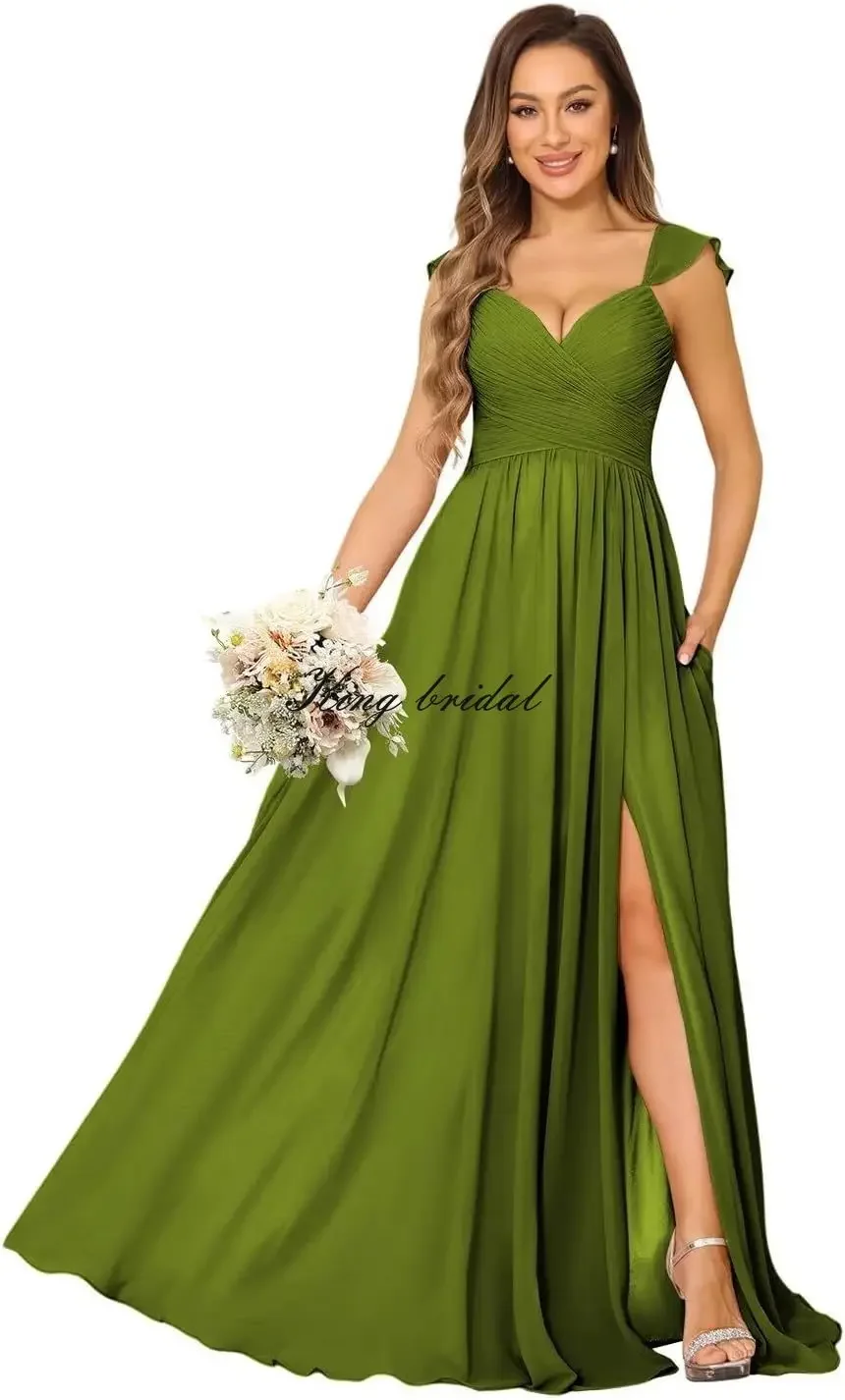 งานแต่งงาน Gowns ผู้หญิงแขนหมวกชีฟองชุดเพื่อนเจ้าสาวยาวกระเป๋า Ruffle ชุดราตรีอย่างเป็นทางการพร้อม Slit