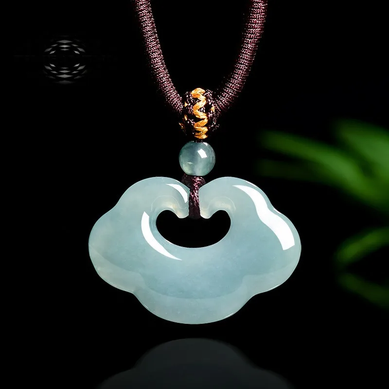 

TIMESWIND Natural A-type Jade Auspicious Ruyi Blue Pendant Women Necklace with Certificate