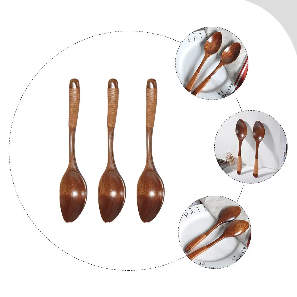 

3pcs Wooden Spoons Wide Mouth Multipurpose Long H Brown Rice Spoon Portable Eating Teaspoon Restaurant Scoop