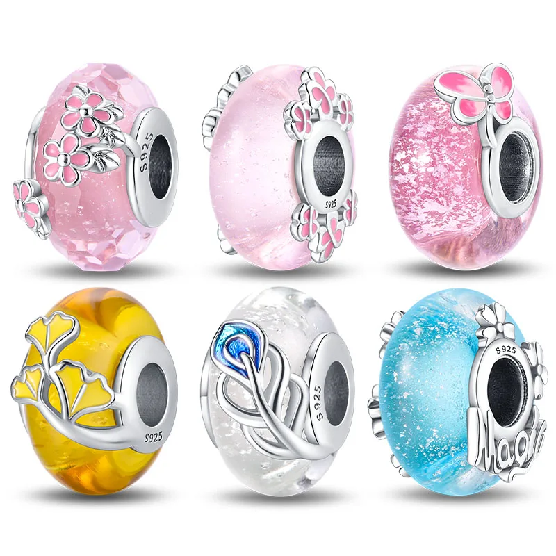 

925 Sterling Silver Pink Flower Glass Charms Beads For Women Fit Original Bracelet DIY Birthday Party Jewelry Gifts