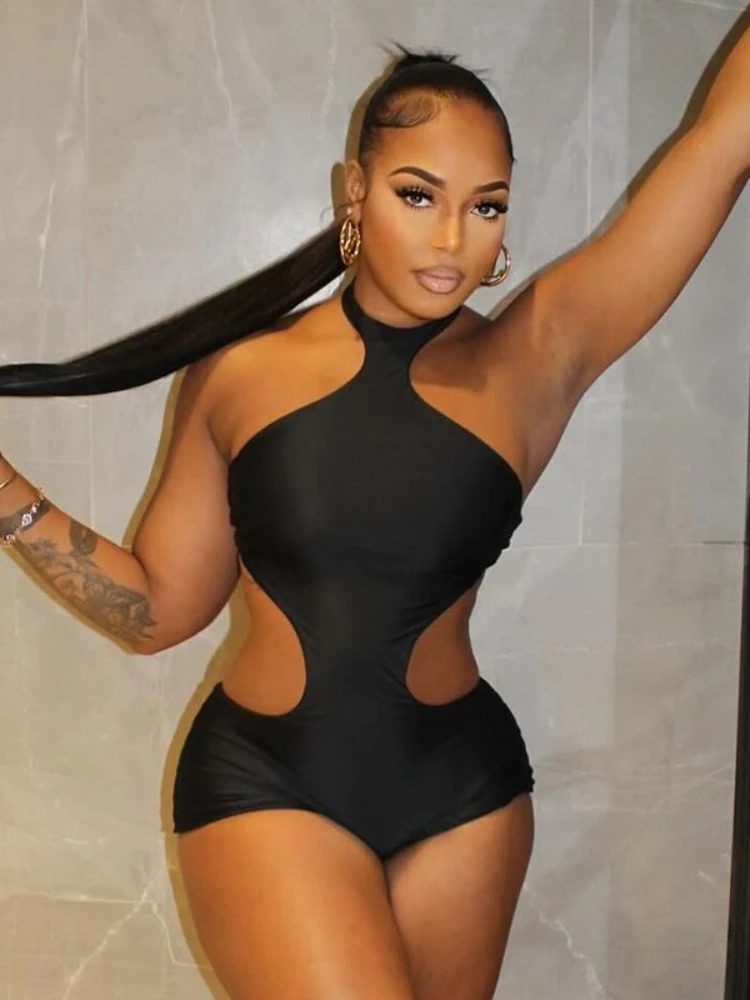 

SsTss Sexy Sleeveless Halter Cut Out Playsuit Women Fashion Summer Solid Backless Slim One Piece Beach Party Bodycon Plalysuit