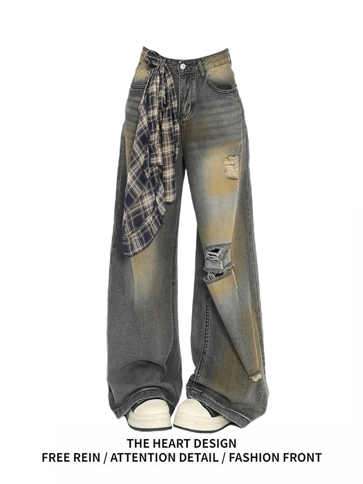 

Women's High Waist Wide Leg Jeans Spring Break Dance Casual Wear Hole Design Dra Jazz Dance Pants American Sle