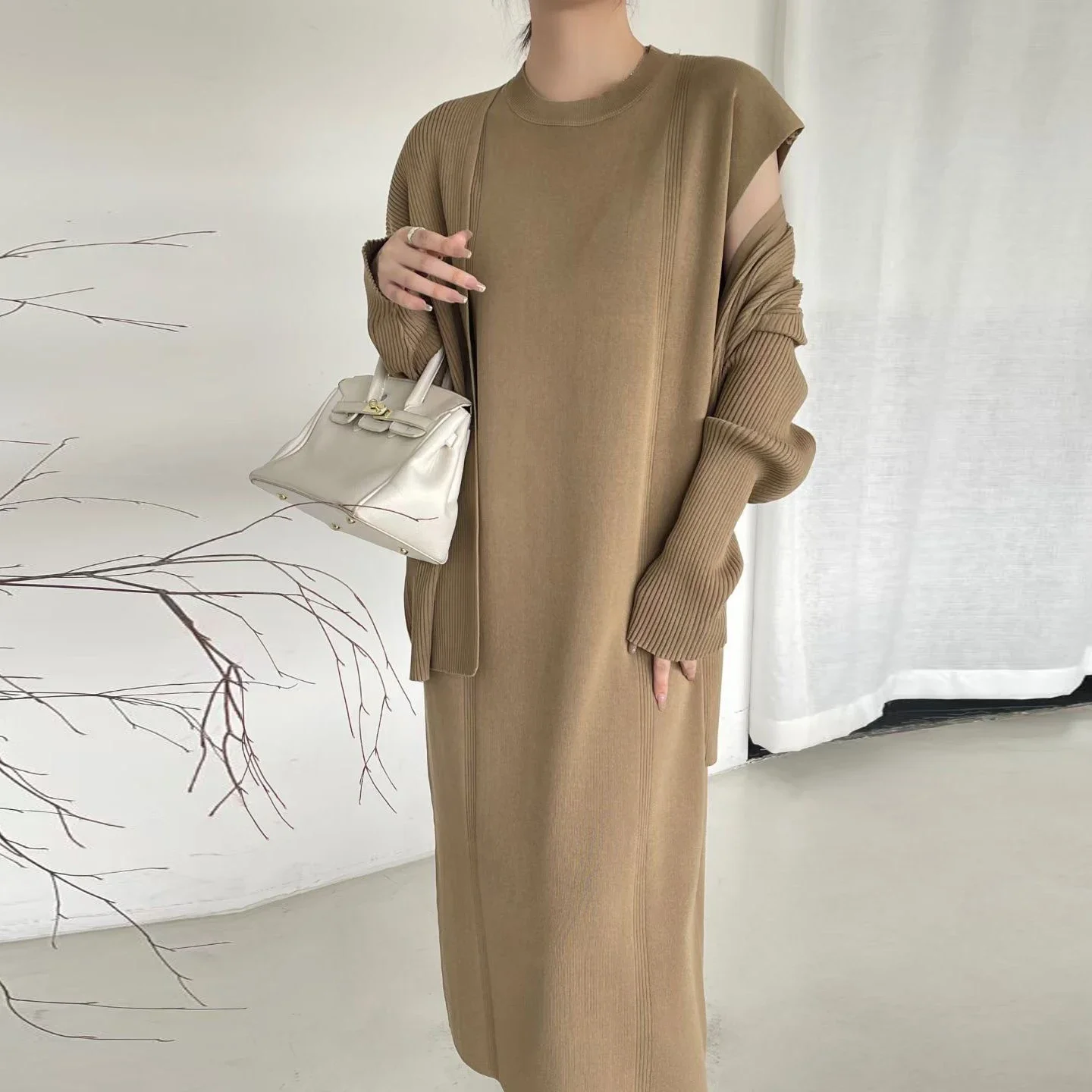 New Elegant Knitted Dress Sets Women Korean Fashion Long Sleeve Cardigan Shawl + Short Sleeve Long Dresses Two Piece Set Outfits