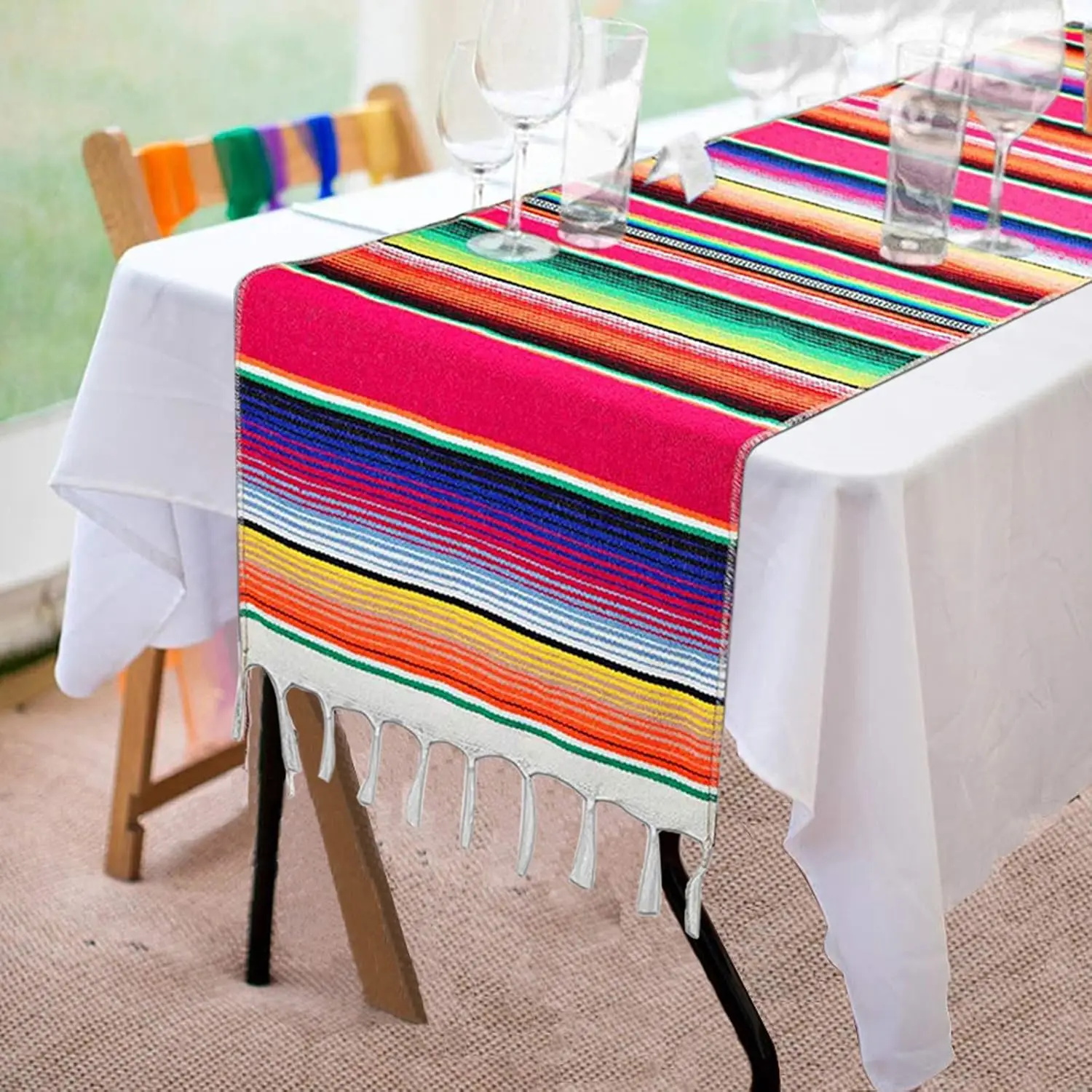 Mexican Table Runner Cotton Handwoven Rainbow Fringe Home Decor for Cinco De Mayo Mexican Fiesta Party Wedding Outdoor Picnics