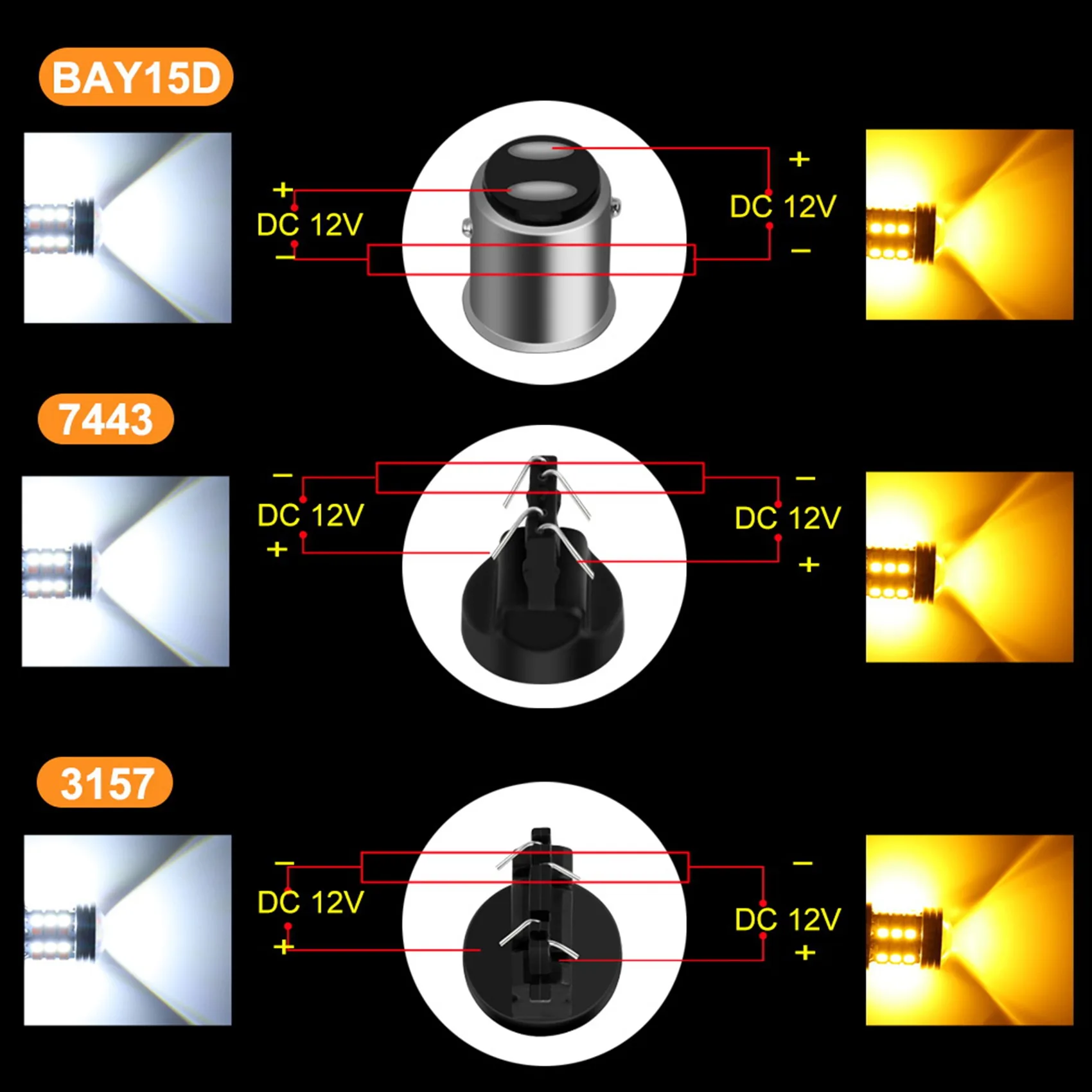 4X 자동차 LED 전구 캔버스 T20 7443 W21/5W 듀얼 컬러 리버싱 램프, 화이트 앰버 B