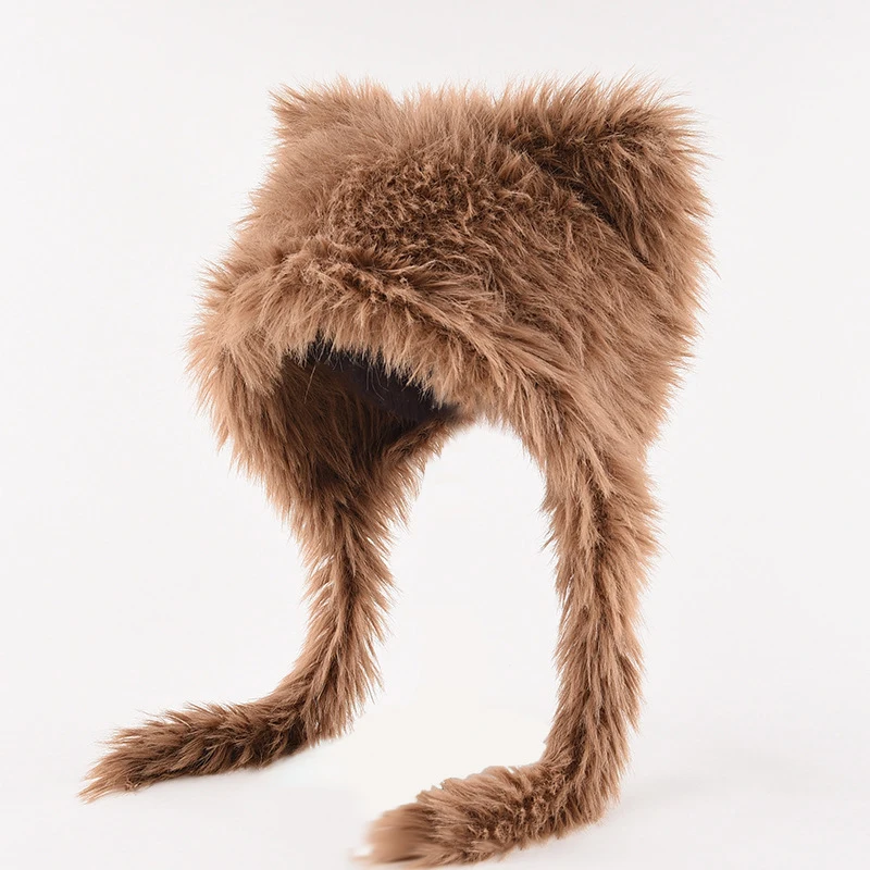 

плюшевые меховые зимние шапки для женщин, однотонные зимние шапки из искусственного меха, милые уши, длинные завязки, теплые мягкие шапки-бини