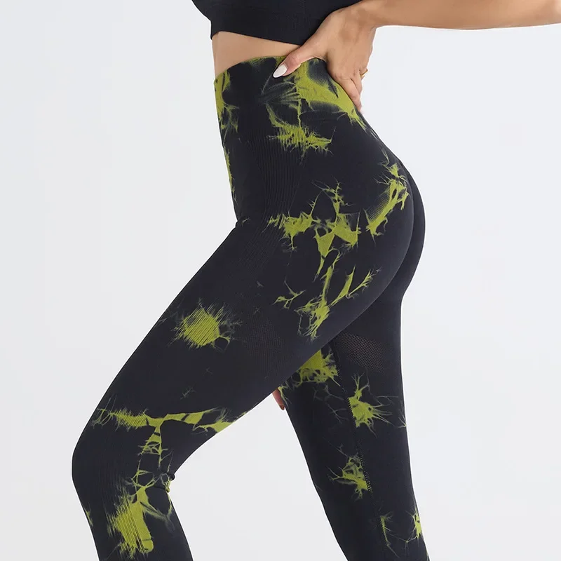 SexyYogaSportPantsSeamlessTie-dye para mulheres cintura alta hip-lifting calças de fitness elásticas sem linhas estranhas roupas femininas apertadas