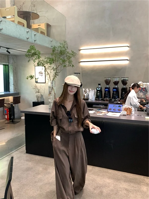 Loose Straight Leg Overalls for Women Early Autumn Workwear Utili ket Detail mid Waist Long Pants Money-Saving Sle
