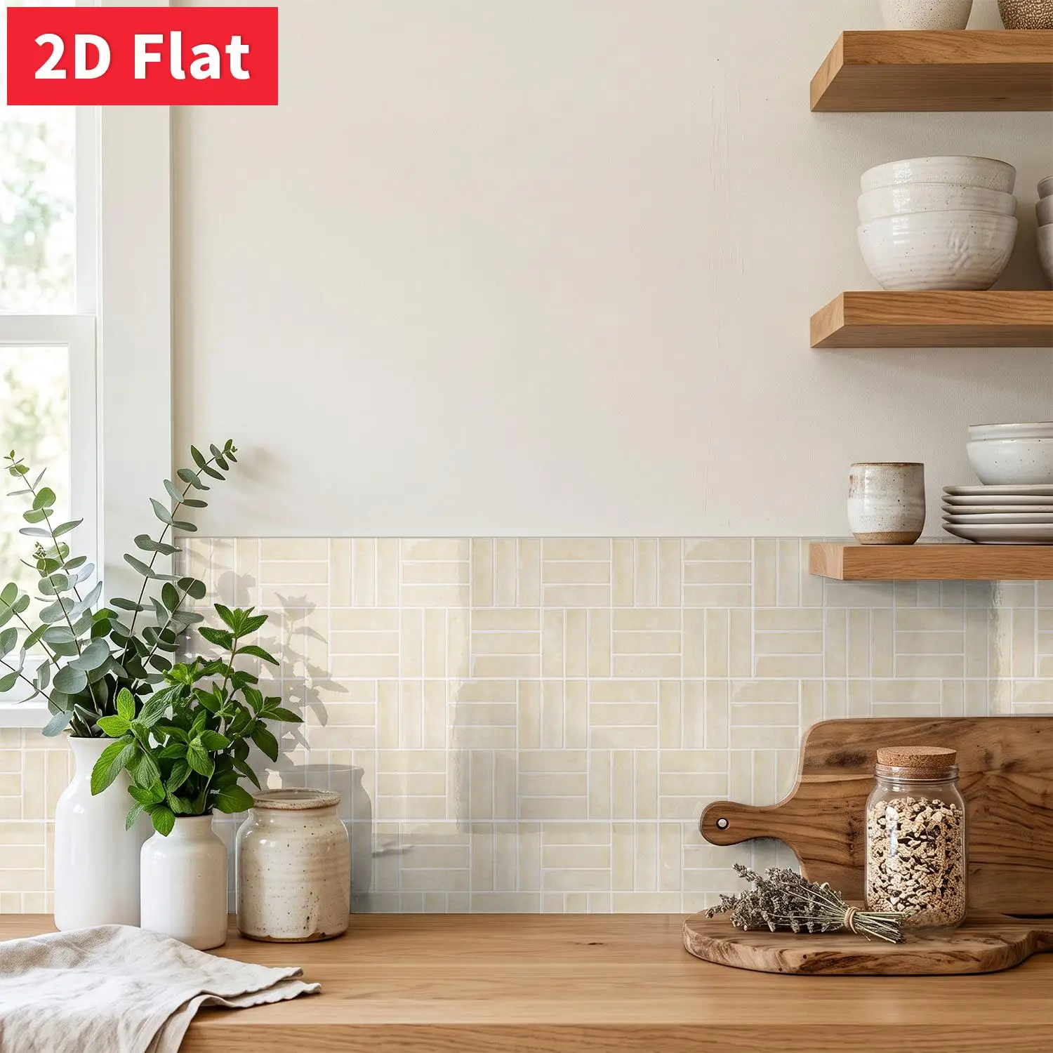 Pale Beige Subway Tile Sticker 11.81x5.91 inch Peel and Stick Waterproof HD Print Cabinet Wall Decor