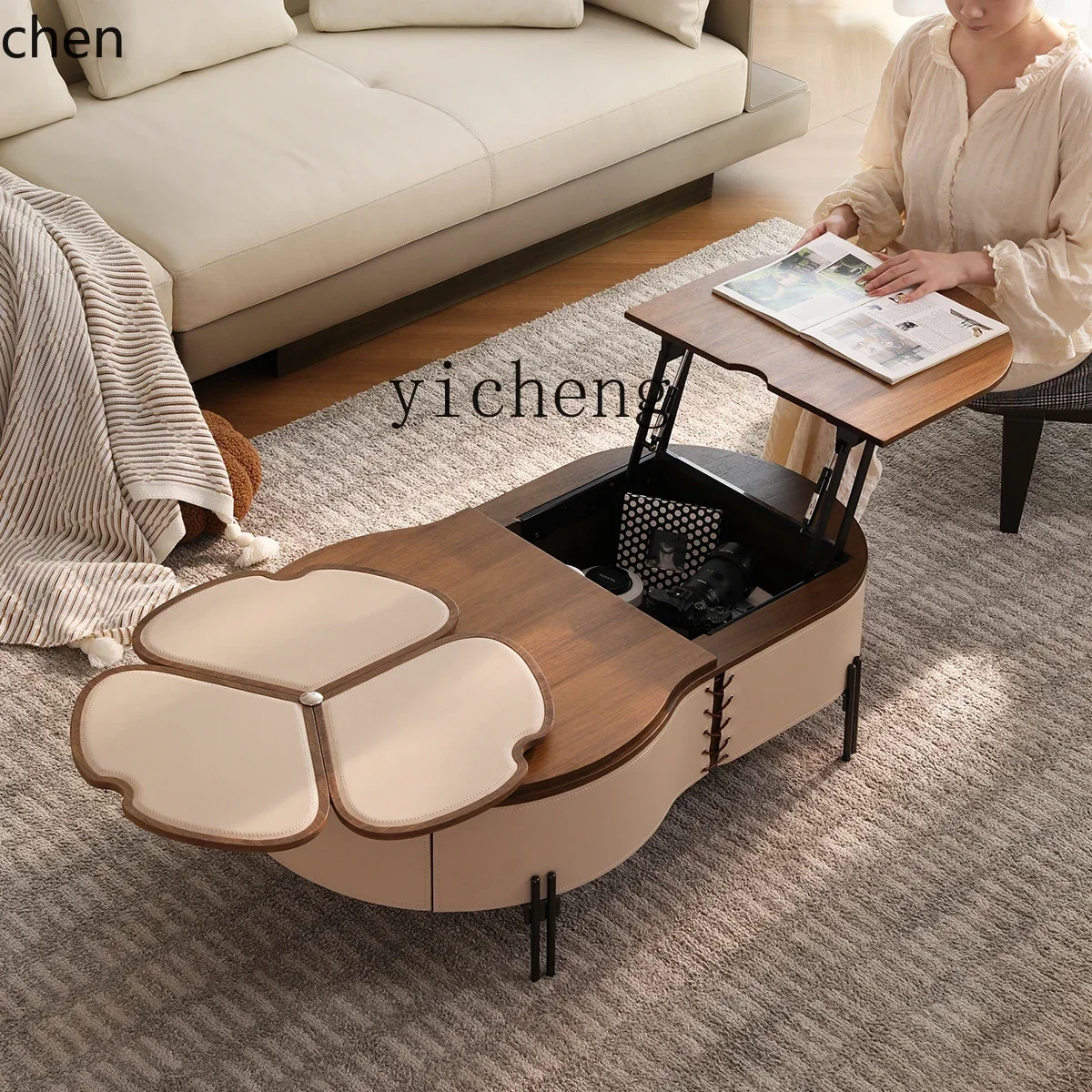 HXL coffee table saddle leather living room small apartment liftable antique multi-functional small coffee table