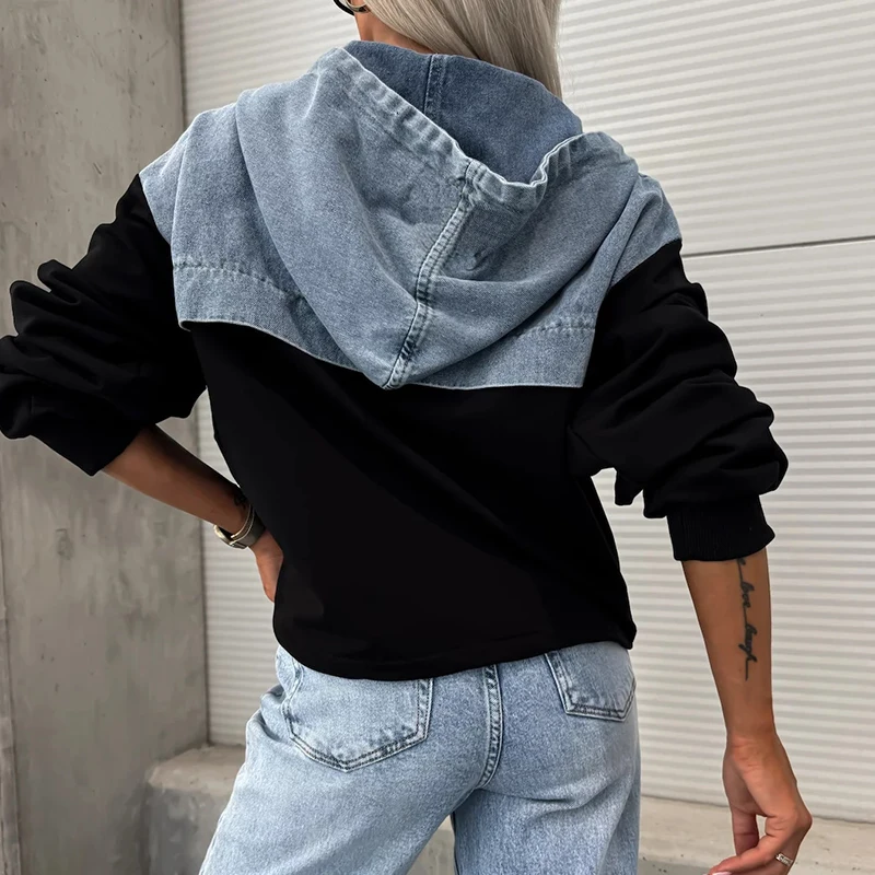 Elegant Women Denim Female Hoodie Sweatshirt 2024 Fashion Stitching Drawstring Hooded Ins High Street Jeans Long Sleeve Hoodie