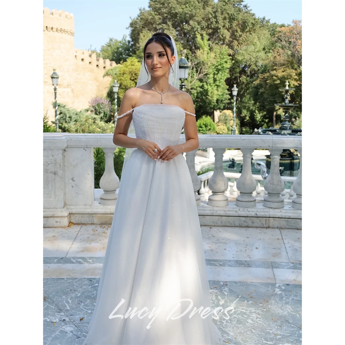 

Lucy Tulle Off The Shoulder Ivory A-Line Evening Dress 2026 Prom Dress Elegant Wedding Party Beading Customized Robes de Soirée
