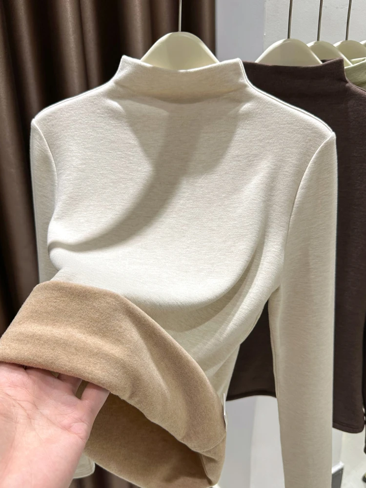 

Thiened Fce Double-sided German Velvet Stand Collar Basic Sle Women's Early Spring Warm Inner Match Slim Fit Top