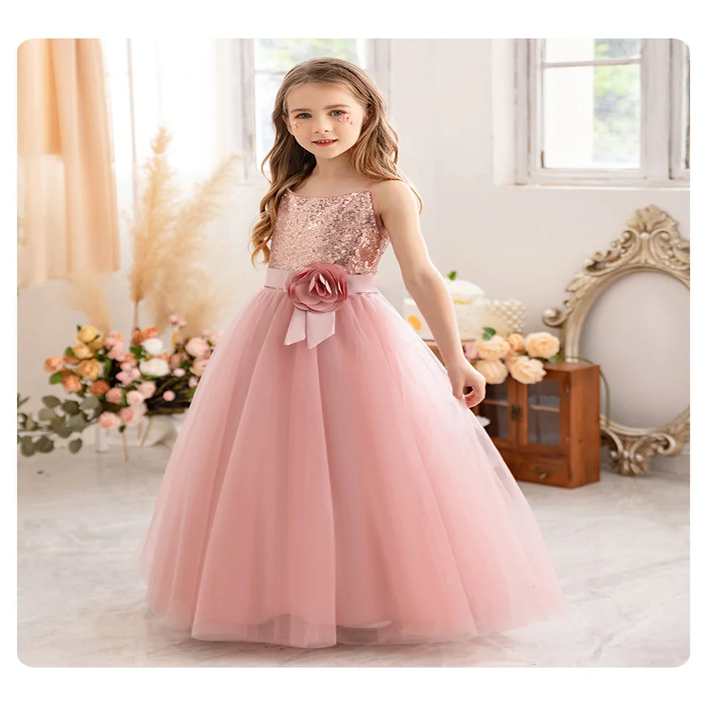 Elegante paillettes Layering Flower Girl abiti lunghi compleanno Prom Party matrimonio comunione Costume da principessa personalizzato celebrazione