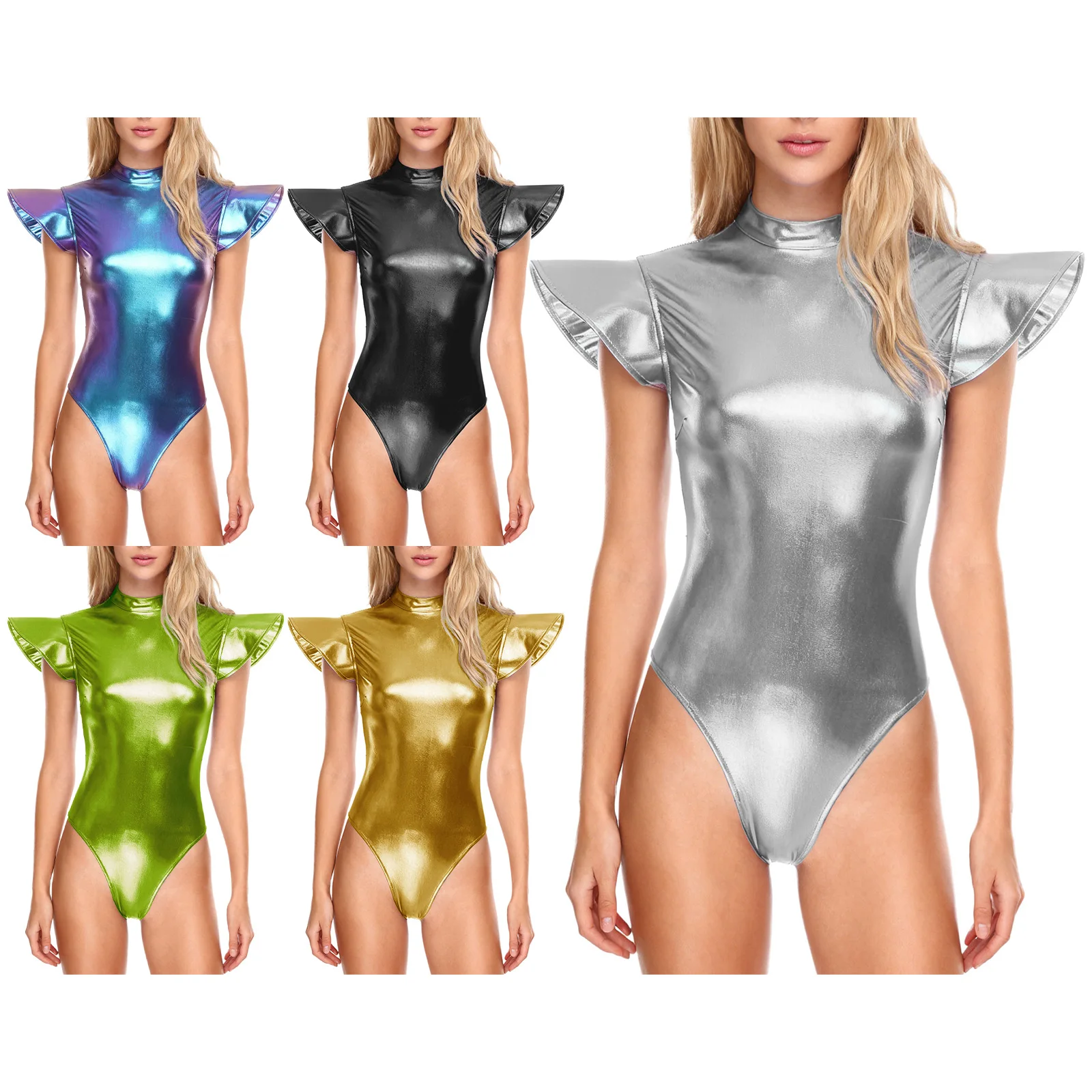 Justaucorps holographique à manches volantes pour femmes, pour fête, Club, pôle danse, scène, body de spectacle, tenues de Cosplay aliennes spatiaux