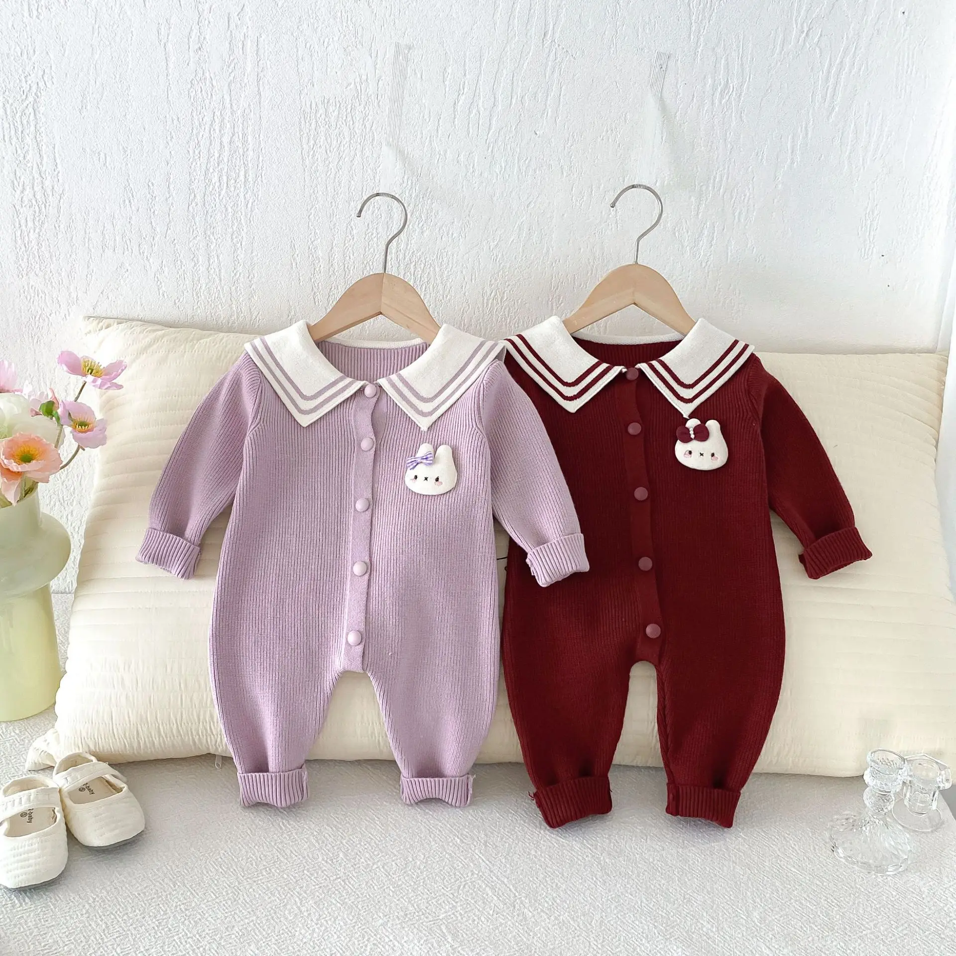 Autumn Baby Girls Knitted Rompers Long Sleeve Newborn Jumpsuits Sweater 3-24M Cute Rabbit Knitting Baby Clothes